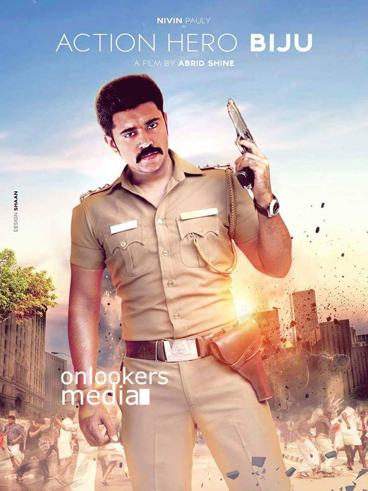Theatrical poster for Action Hero Biju featuring Nivin Pauly as a police officer