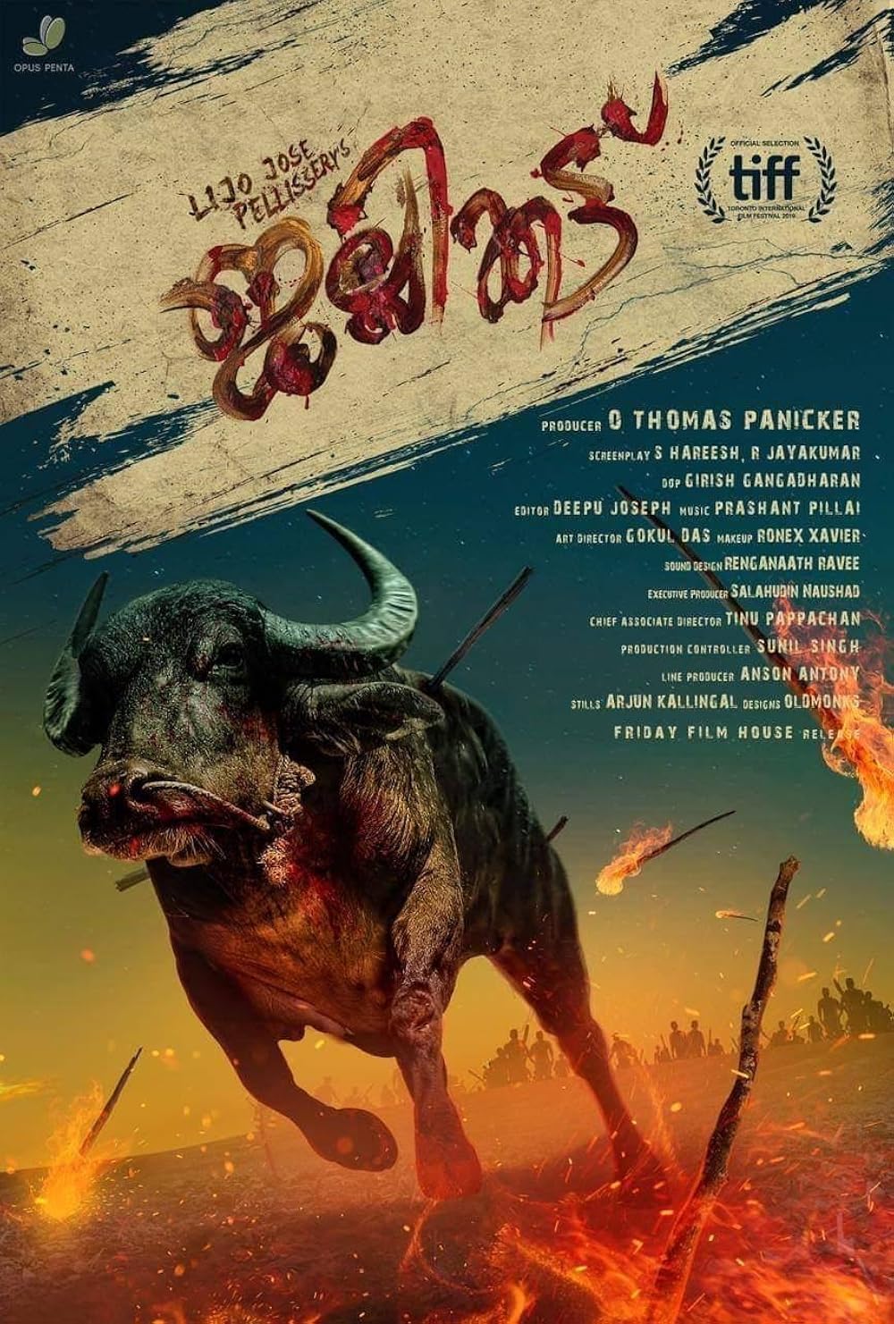 Theatrical poster for Jallikattu featuring a charging buffalo