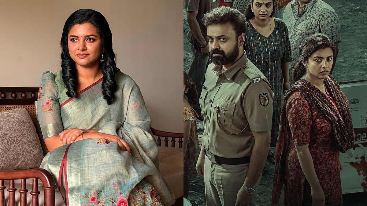 Actor Lijomol Jose pictured alongside Unmadham promotional artwork