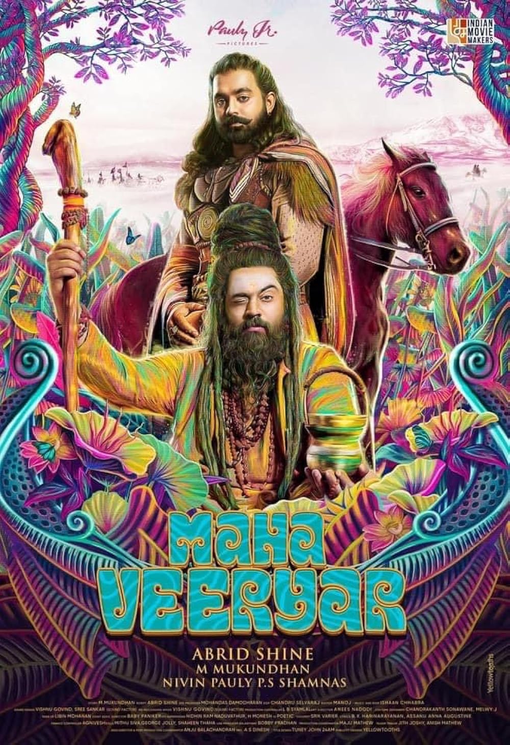 Fantasy theatrical poster for Mahaveeryar featuring Nivin Pauly as an ascetic